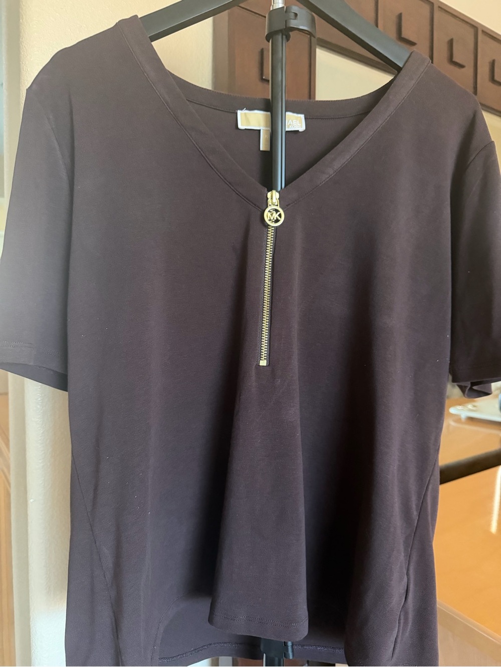 Michael Kors Navy-Black V-Neck Short Sleeve Top with Gold Zip